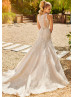 V Neck Beaded Lace Organza Illusion Buttons Back Wedding Dress